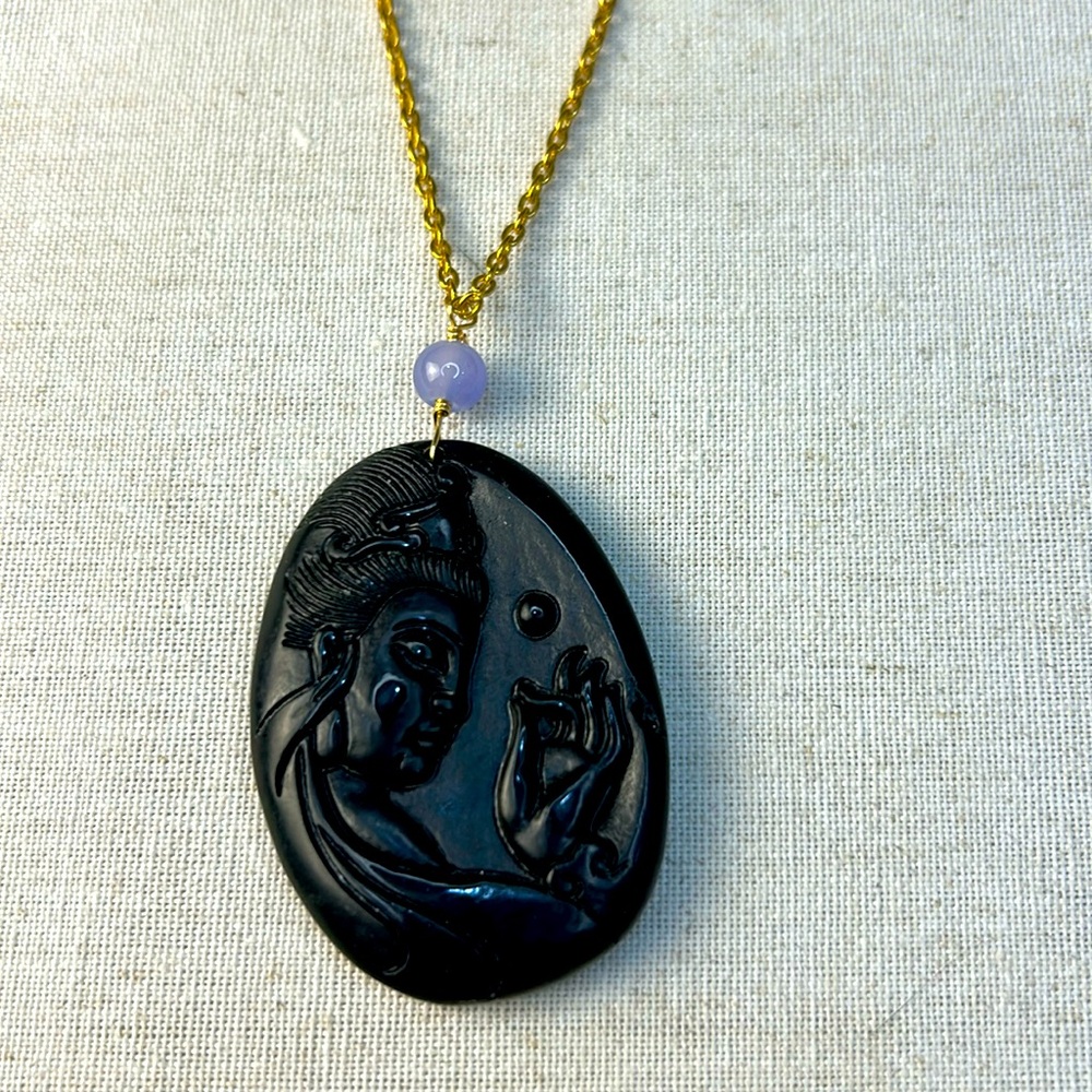 Gold chain Kuan Yin Pendant carved Black stone Necklace